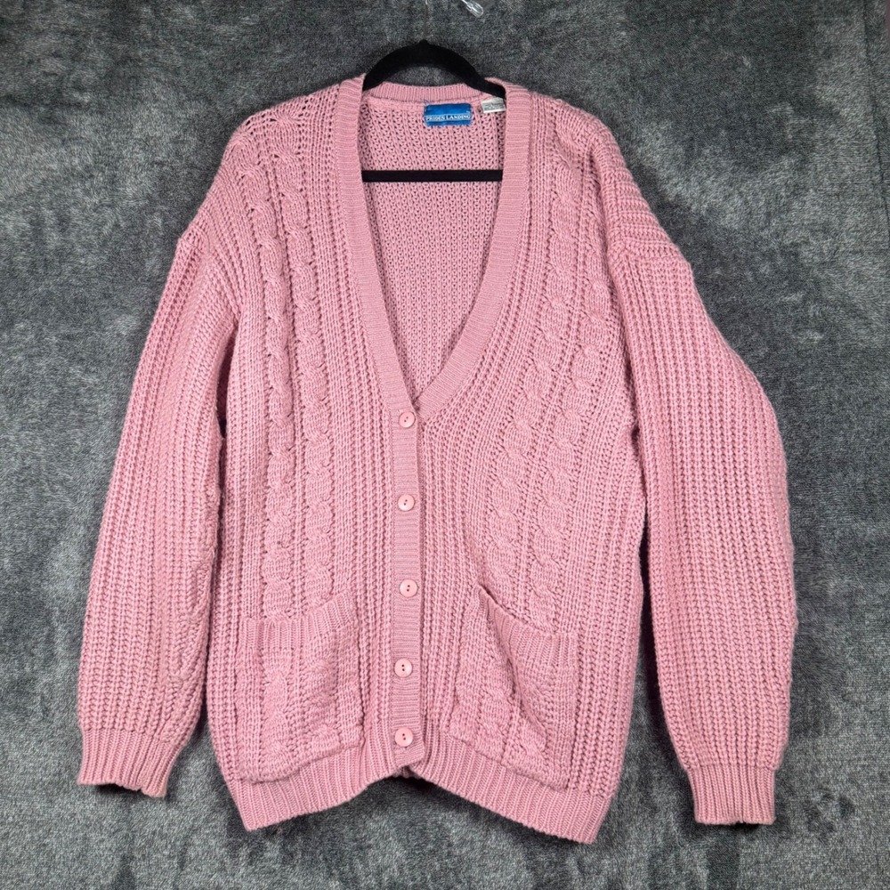 Vintage Chunky Cable Knit Cardigan Pink Oversized Cottagecore Grandma Sweater